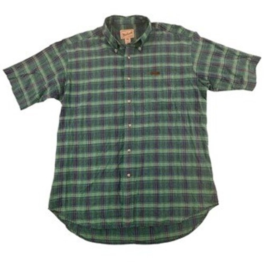 Woolrich Mens Large Shirt Green Blue Plaid Short Sleeve Button Down Cotton‎ Pine